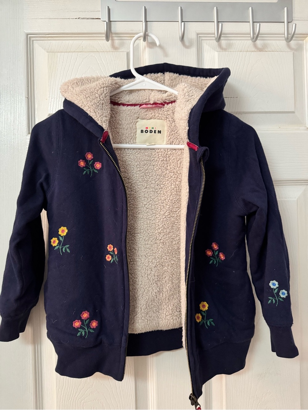Mini Boden Navy Floral Sherpa-Lined Zip Hoodie